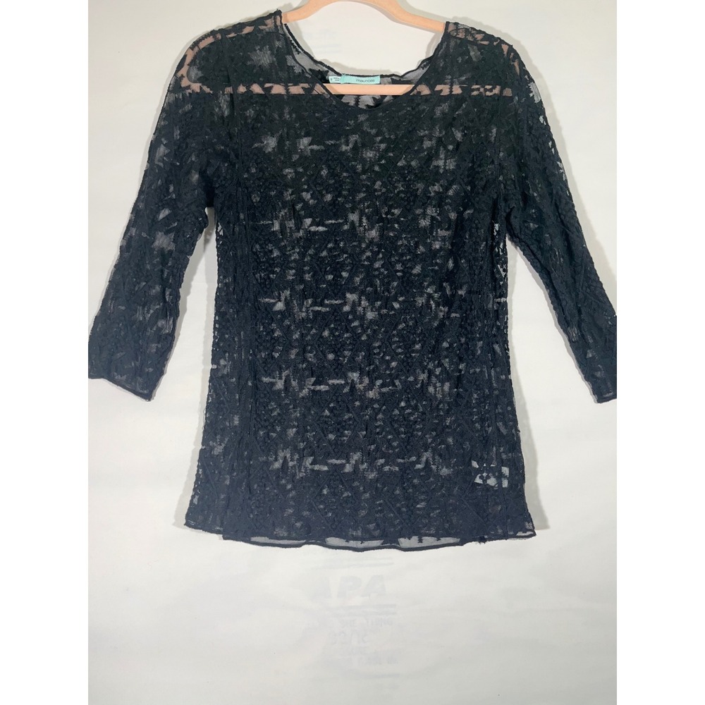 Maurice Black Lace Sheer Women Tunic Top 3/4 Sleeve Layering Boho Chic M